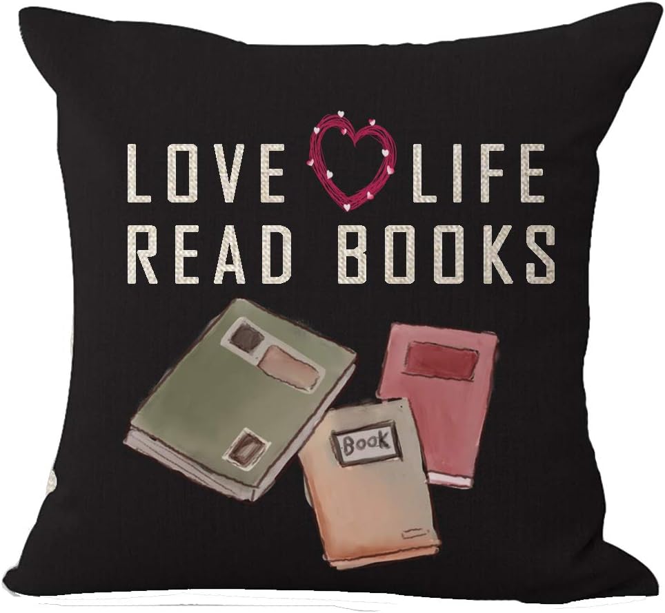 ASTIHN Love Life Read Books Black Background Cotton Linen Throw Pillow Cover Cushion Case Home Chair Office Decorative Square 18 X 18 inches (E)