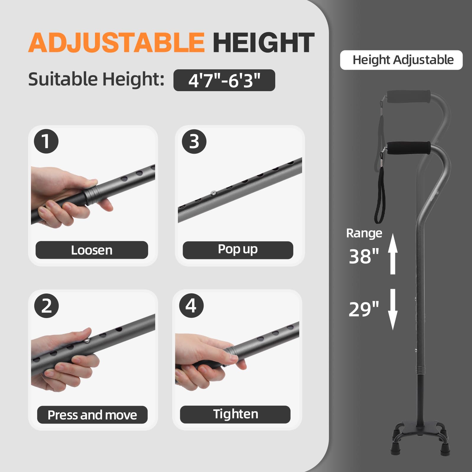 BeneCane Quad Cane Adjustable Walking Cane with Offset Soft Cushioned Handle for Men & Women Lightweight Comfortable with 4-Pronged feet for Extra Stability