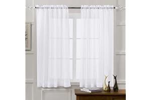 MYSTIC-HOME Sheer Curtains White 63 Inch Length, Rod Pocket Voile Drapes for Living Room, Bedroom, Window Treatments Semi Crinkle Curtain Panels for Yard, Patio, Villa, Parlor, Set of 2, 52"x 63"