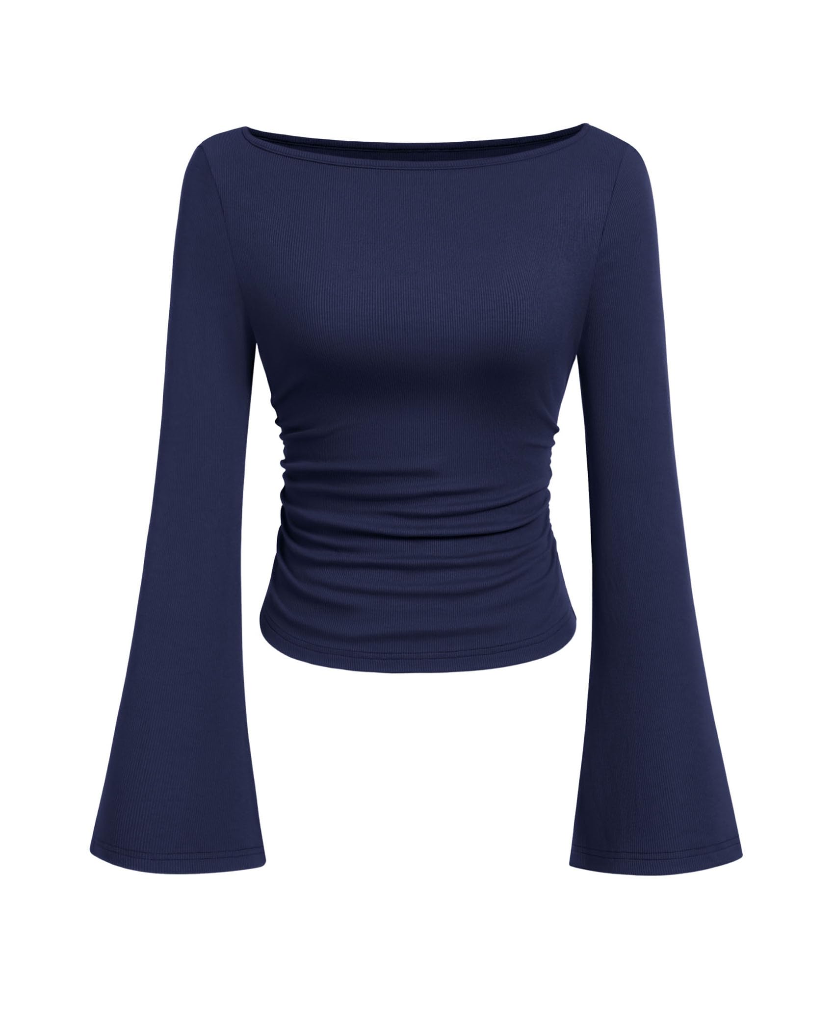 Photo 1 of PRETTYGARDEN Women's Long Sleeve Shirts 2025 Fall Crop Going Out Tops Casual Boat Neck Bell Sleeve Ribbed Ruched Y2K Clothes (Navy Blue,X-Large)