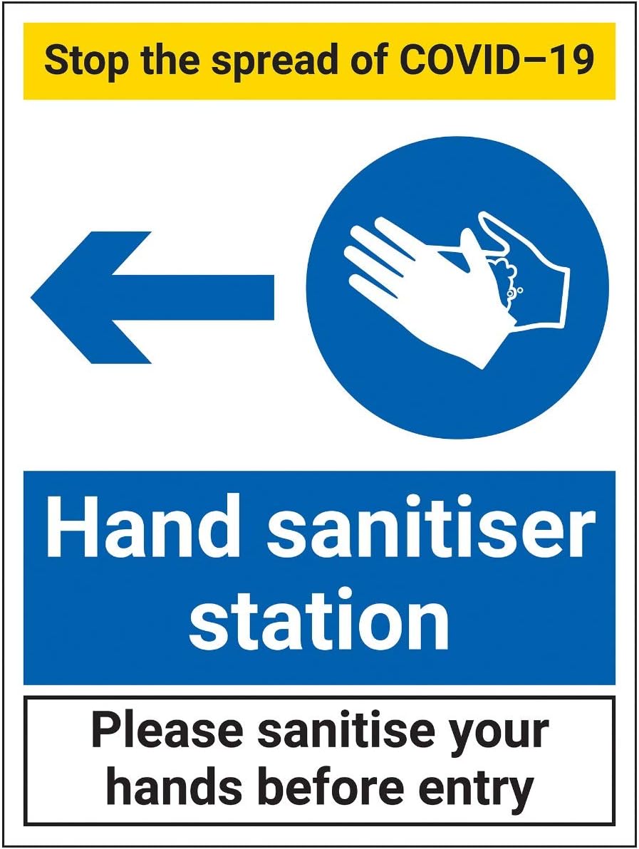 V Safety Stop The Spread - Hand Sanitiser Station Left - 300x400mm - Self Adhesive Vinyl, Blue