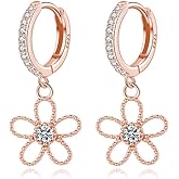 Reffeer Solid 925 Sterling Silver CZ Flower Hoop Earrings Drops for Women Girls Flower Hoop Earrings Huggie