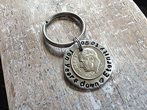 10th Anniversary Gift - "Ten years down <3 Eternity to go" - Gifts for Him and Her - KEY CHAIN --- KEYRING - Aluminum - Tin - Traditional 10 Year Gift - Dime Decade Coin Jewelry