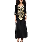 Women Golden Embroidery V Neck Moroccan Dubai Kaftan Dresses Casual Beach Wear Cover Up Side Split Long Dress Black