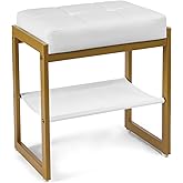FrexCheng Vanity Stool, Faux Leather Vanity Chair Stool for Dressing Table, Modern Gold Metal Footstool Ottoman for Bedroom & Living Room, White & Gold