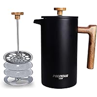 POLIVIAR French Press Coffee Maker, 34 Ounce Coffee Press with Teak Wood Handle, Double Wall Insulation & Dual- Filter…