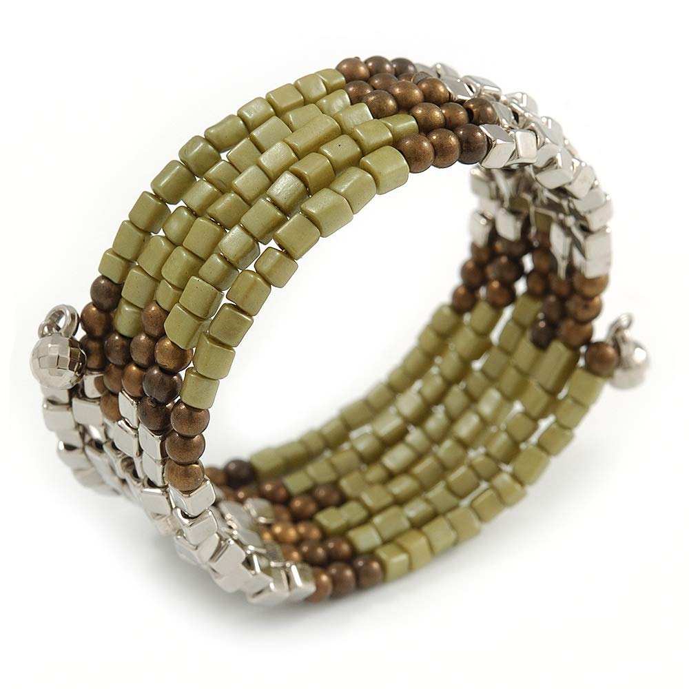 Avalaya Olive/Brown/Silver Acrylic Bead Multistrand Coiled Flex Bracelet - Adjustable