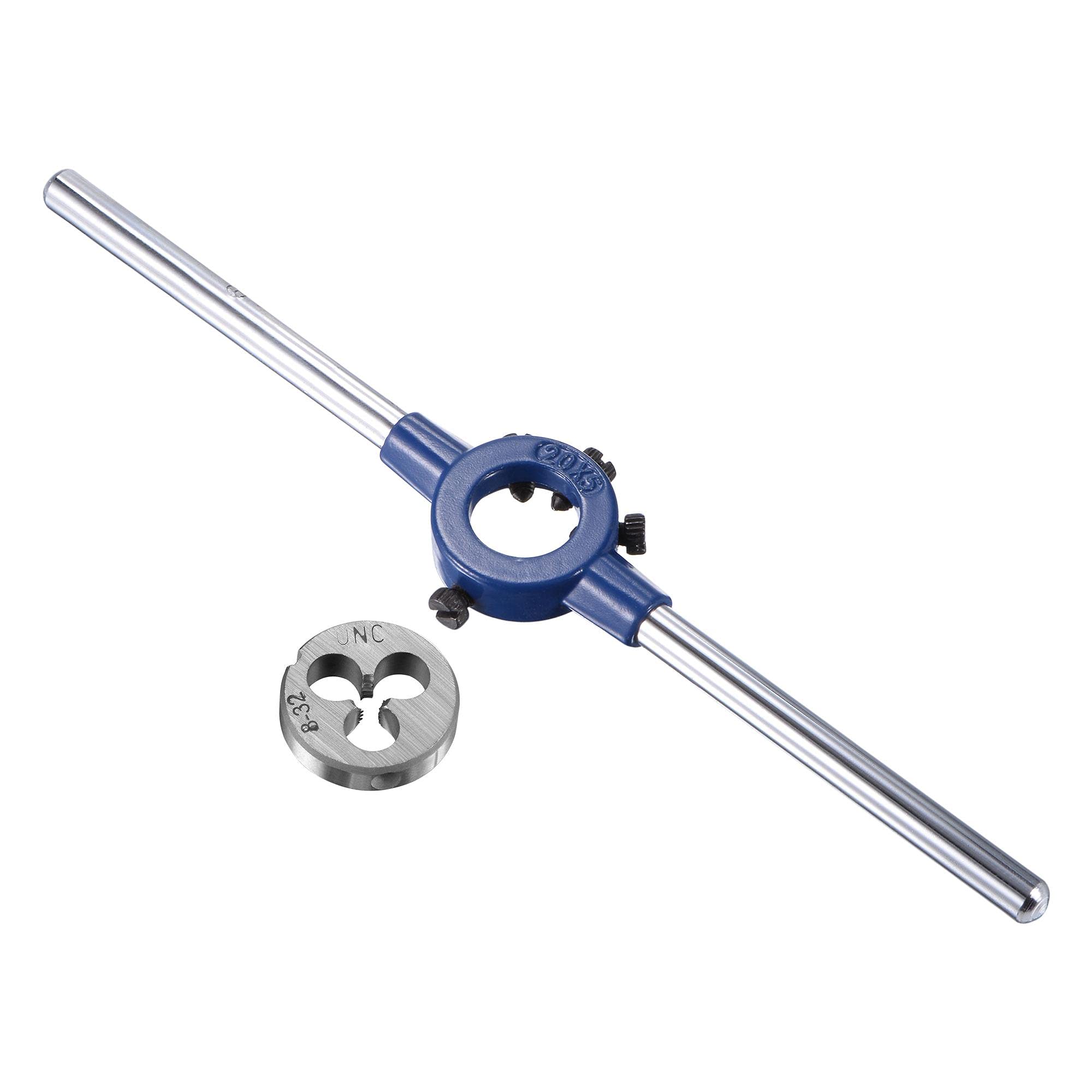 sourcing map Round Die Stock Handle Wrench Set, #8-32 UNC Threading Die and 20mm Die Holder (Fits: 11mm-20mm OD Die / M3-M4 Thread Die) Adjustable for Bolt Thread Repair