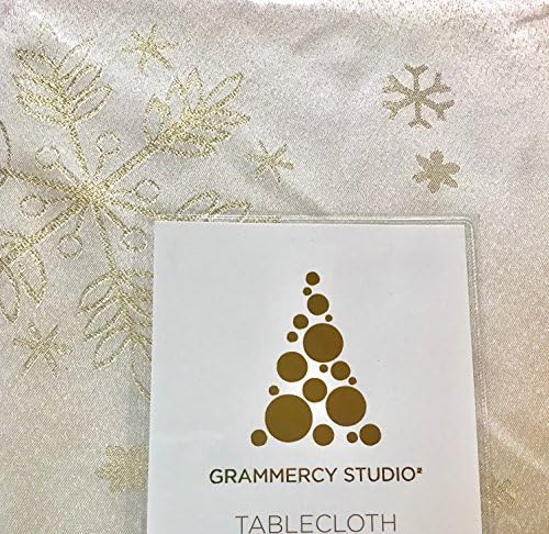 Christmas Holiday Tablecloth - Foiled Metallic Sparkly Gold Glitter Snowflakes in Various Sizes (60 x 90 Inch Oblong)