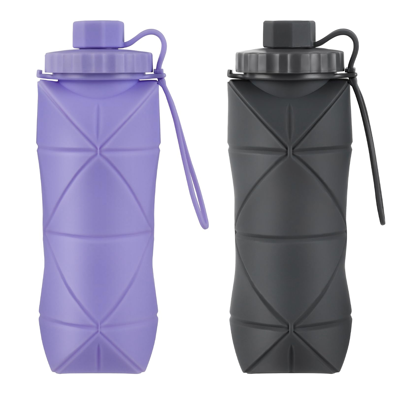 Photo 1 of YCT Collapsible Silicone Travel Water Bottle 20oz (600ml), Reuseable Leakproof BPA Free Foldable Sports Bottle, with Carrying Strap, Dark Gray + Purple