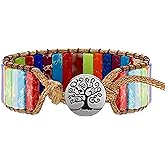 KunBead 7 Chakra Imperial Jasper Bracelets for Women Healing Crystal Natural Stone Bead Leather Wrap Family Tree Adjustable Bracelets