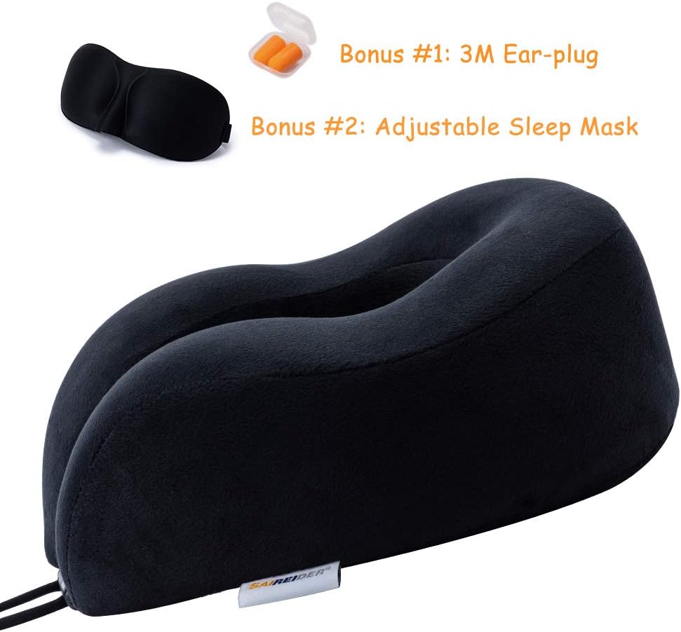 SAIREIDER Travel Neck Pillow for Airplane Sleeping 100% Memory Foam Adjustable Travel Pillows with Storage Bag, Sleep Mask and Earplugs-Prevent The Heads from Falling Forward-Black: Home & Kitchen