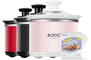 KOOC Small Slow Cooker, 0.65-Quart, Free Liners Included, Upgraded Ceramic Pot, Nutrient Loss Reduction, Sauces, Stews & Dips, Stainless Steel, Pink, Round