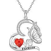 Aurora Tears Birthstone Love Heart Butterfly Pendant Necklace - 925 Sterling Silver Firework-Cut Cubic Zirconia Love Forever Necklace Anniversary Birthday Jewelry Gift for Women Wife Mom Daughter