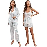 Arwser Women's Silk Satin Pajamas Set 4 Pcs Luxury Sleepwear Cami Top Pjs with Shorts and Robe