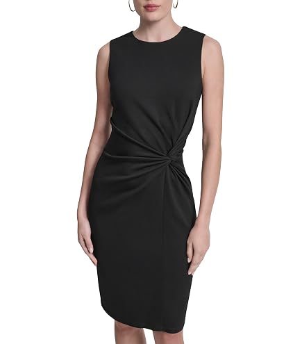 DKNY Women's Sleeveless Jewel Neck Scuba Crepe Sheath Dress Mini Dress, Black/Ivory, 4 at Amazon Women's Clothing store