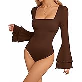 MANGOPOP Mock Neck Puff Sleeve Bodysuit Turtleneck Loose Lantern Long Sleeve Body Suit for Women for Going Out