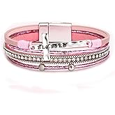 COLORFUL BLING Religious Cross Engraved Blessed Faux Leather Wrap Bracelet for Women Multi-Layer Boho Crystal Beaded Cuff Bangle Bracelet Christian Jewelry Gift-C pink