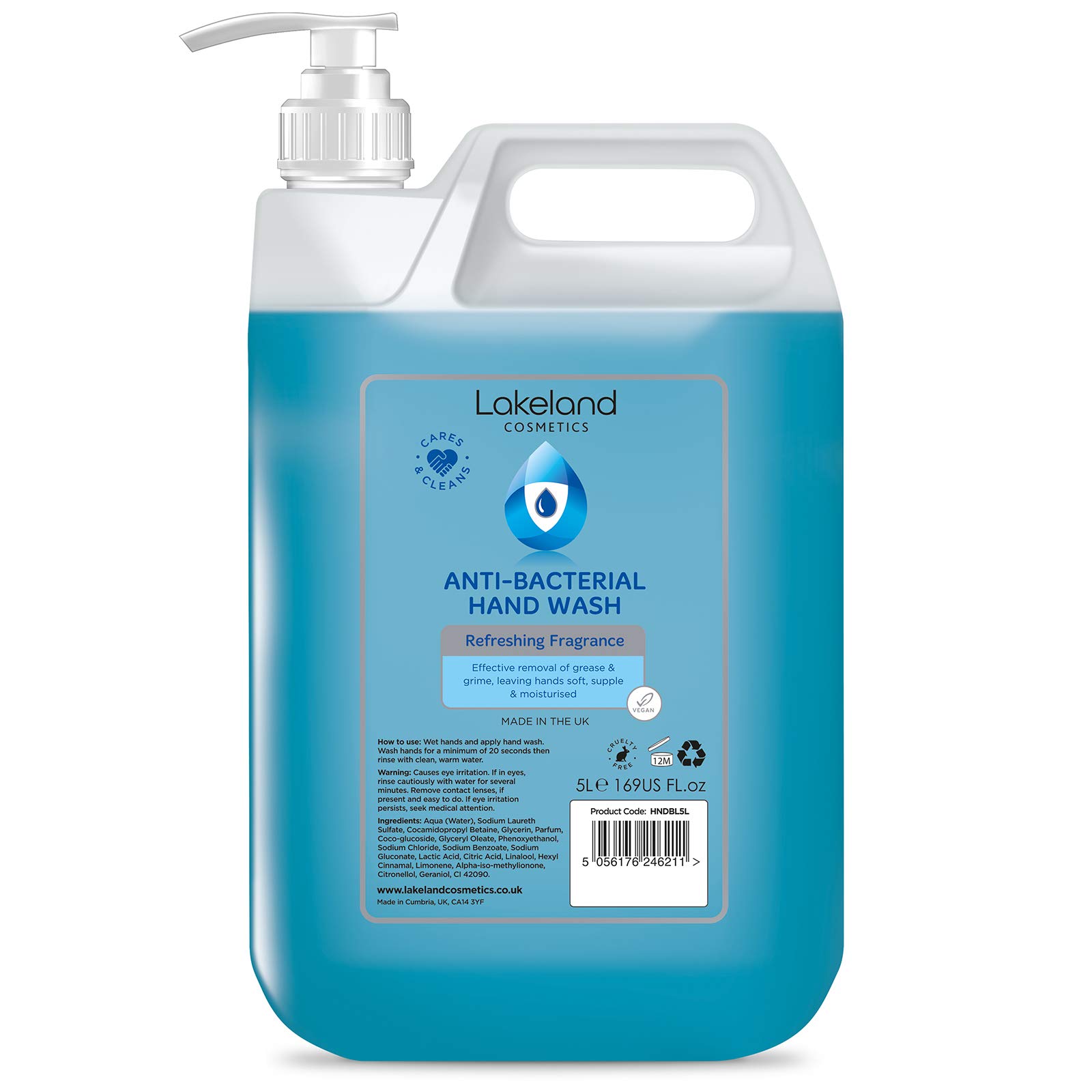 Lakeland Cosmetics antibacterial soap hand wash - 5L Litre With Pump - fragranced anti-bacterial liquid soap hand wash, made in UK (Single)