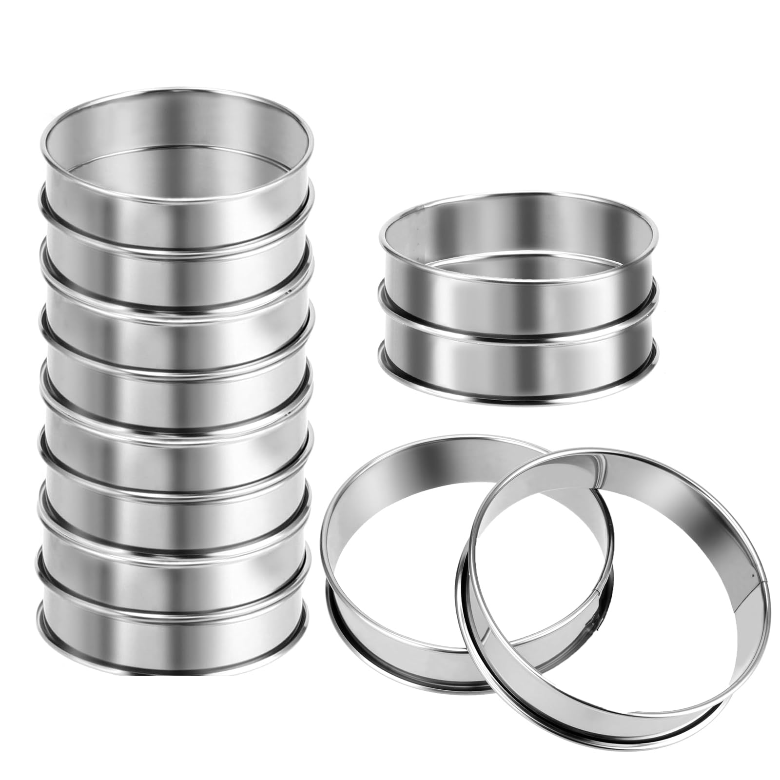 DAKFOOK 12 Pcs 10cm Stainless Steel English Muffin Rings Non Stick, Double Rolled Ring for Mousse, Cookies, Eggs