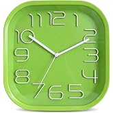 Topkey 11 Inch Cool Square Silent Non-Ticking Quartz Wall Clock, Modern Plastic Clock with White Numerals for Kitchen, Bedroom, Office, School Decor-Green