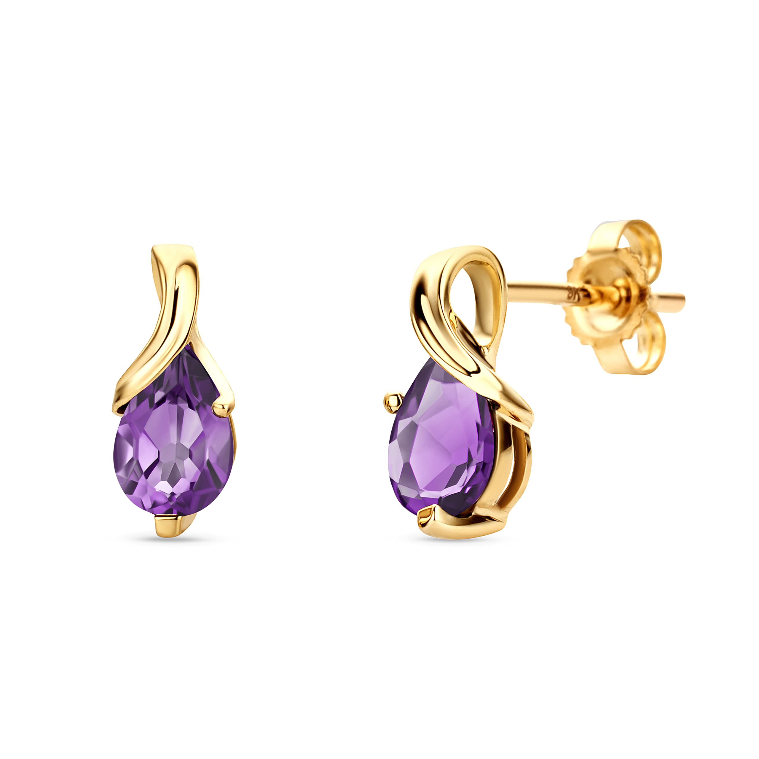 Orovi Pear-Shaped Yellow Gold Earrings for Women with Amethysts in 9 Carat Gold, Hypoallergenic Earrings - Handmade, including jewellery box