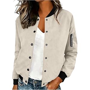 Ooikoifa Faux Suede Bomber Jacket Women Trendy Snap Button Ribbed Collar Cropped Coats