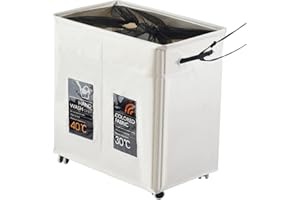 Haundry Divided Laundry Hamper with Wheels, 2 Section Rolling Laundry Basket Organizer with Leather Handle, Wheeling Laundry Cart for Cloth Storage