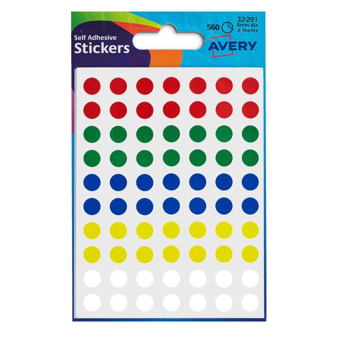 Avery Hand writable, Easy to use, Dot Stickers, 8mm, Multi Coloured, 70 Stickers per Sheet, 560 per Pack (32-291)