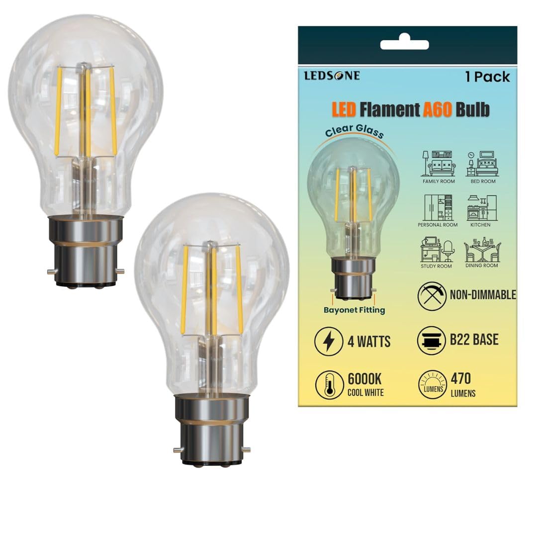 LEDSone 2 Pack B22 LED Filament Bayonet Bulb, 4W dimmableEnergy Saving Bulbs, Retro Glass A60 LED Bulbs, 450Lm, 6000K Cool White A60 Clear Filament Bayonet Cap,
