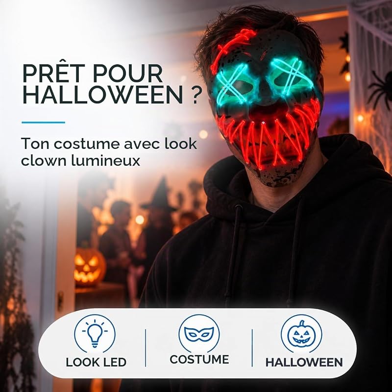 Masque de clown LED pour Halloween - Contrôlable à partir de Purge - Visage lumineux - Pour Halloween, déguisement et carnaval - En tant que costume pour homme et femme (choix — photo 4 sur 6