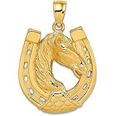 JewelryWeb 20.7mm 10k Solid Yellow Gold Polished and Engraved Horse Head In Shoe Charm Pendant Necklace for Women