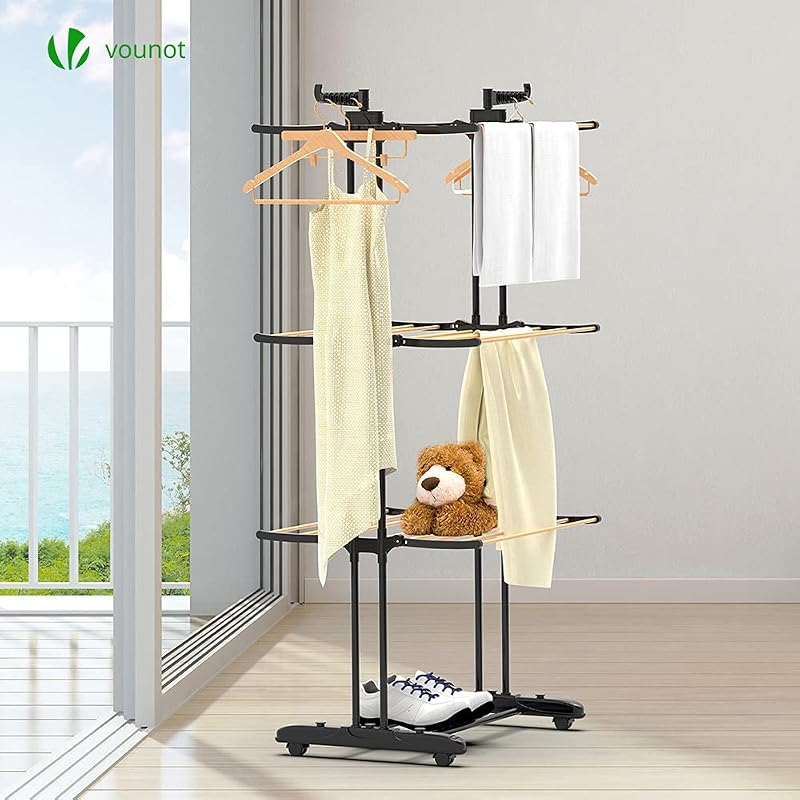 ® Tendedero Vertical Tipo Torre, Tendedores de Ropa Plegable, Estantes de Secado Ropa de Metal con 6 Alas Plegables y 4 Ruedas, Aspecto de Madera, 3 Niveles