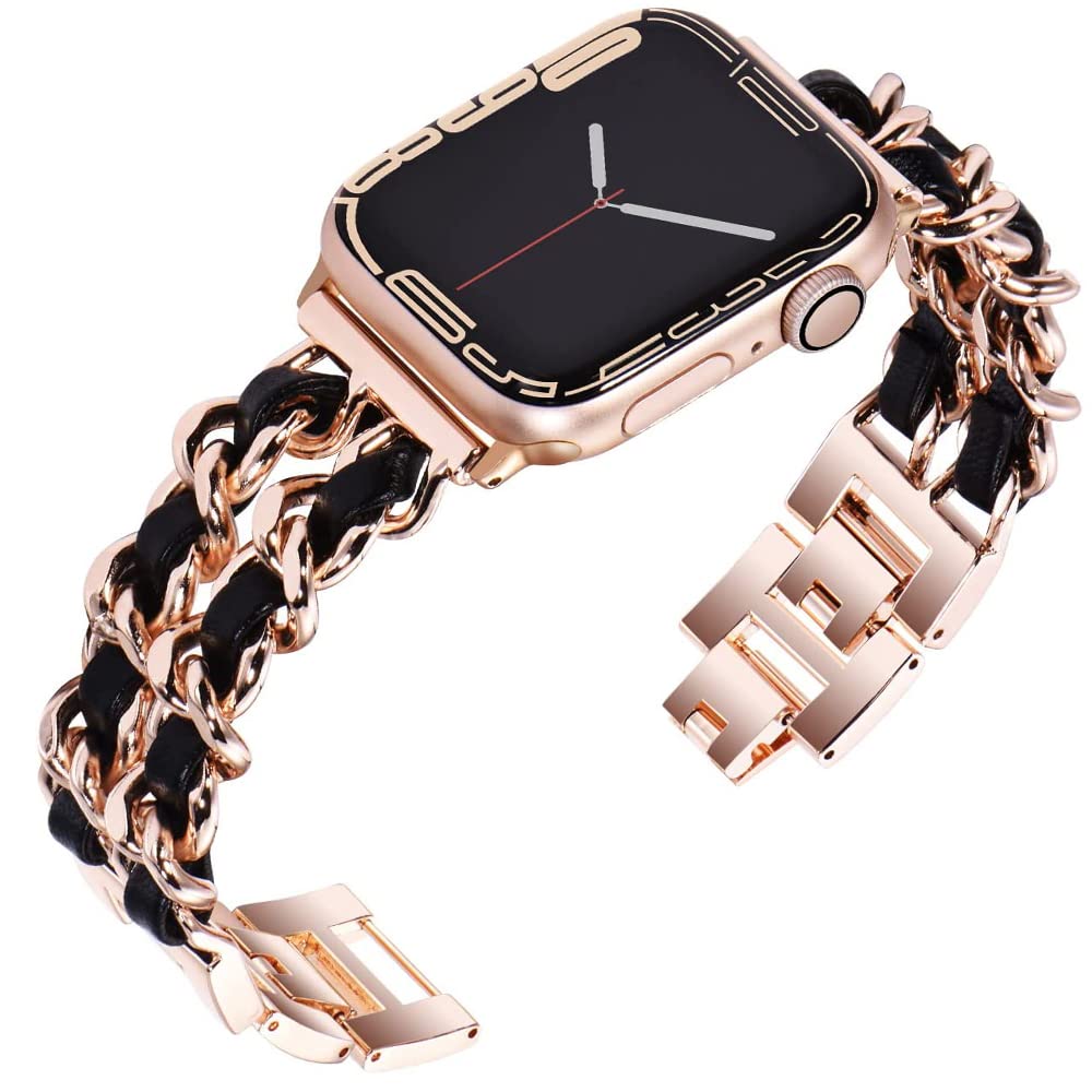 Niboow Strap for Apple Watch 38mm 40mm 41mm 42mm Series 11/10/9/8/7/6/5/4/3/2/1, Metal Leather Watch Bands for Apple iWatch SE 3/SE 2 - Rose Gold/Black