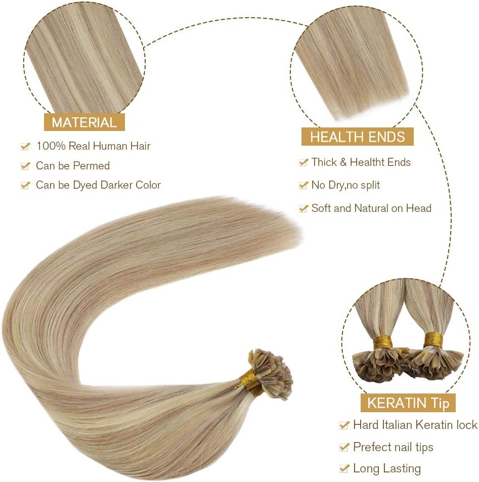 Ugeat Utips Hair Extensions Human Hair Blonde 18 Inch U Tip Hair Extensions Real Human Hair Ash Blonde Highlights Bleach Blonde Keratin Tip Highlights Effect for Party 50S 50G - Image 4