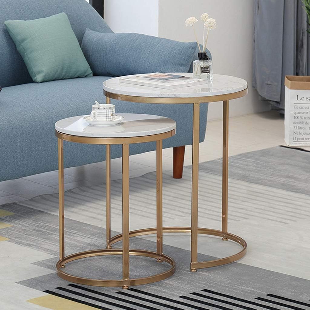 Modern Side Tables Set Of 2 Round Occasional Coffee Nesting End Tables For Small Spaces Metal Basket Marble Top Elegant Living Room Furniture Amazon Co Uk Kitchen Home