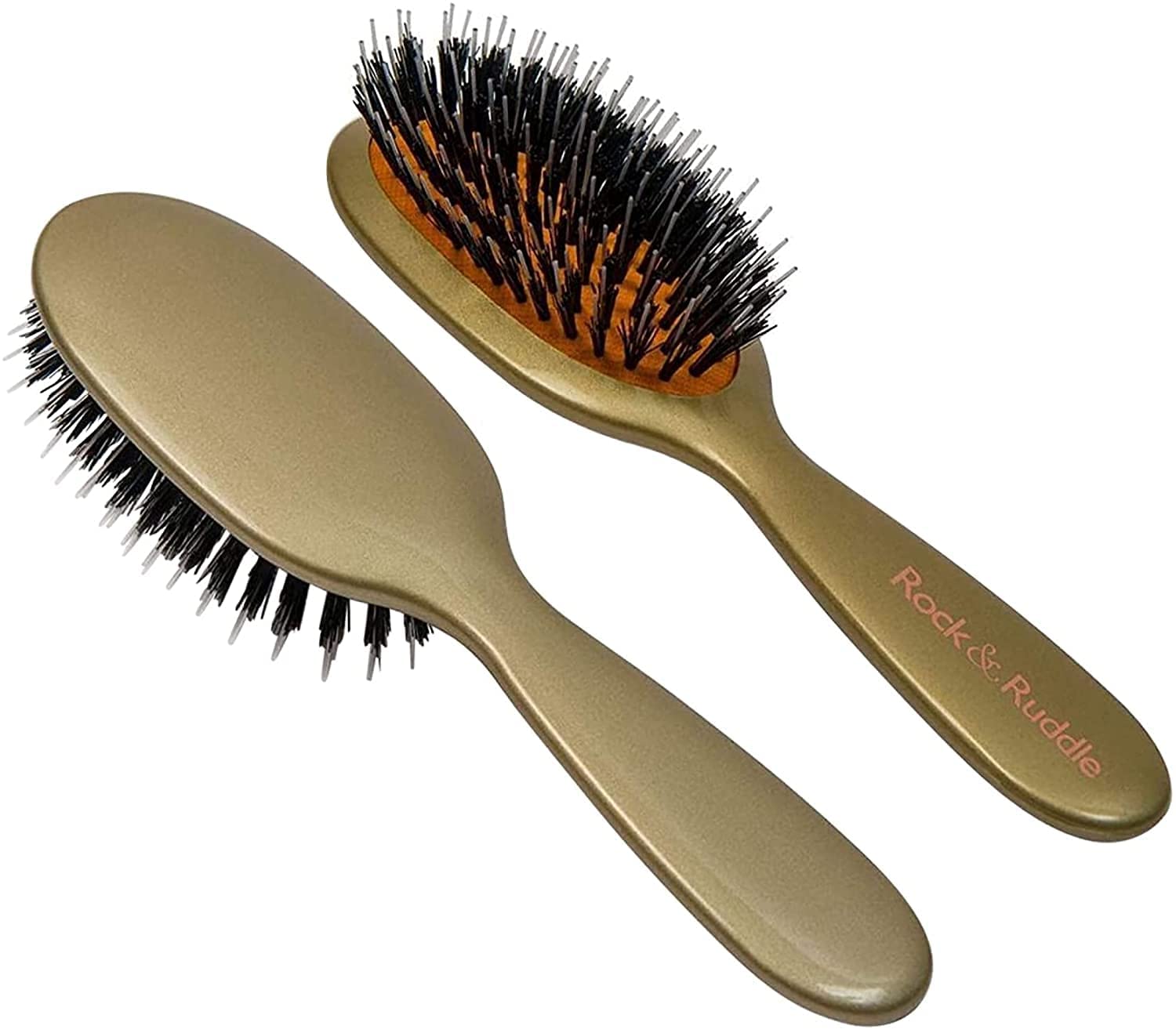 Rock & Ruddle Natural Mixed Boar Bristle Hair Brush for Women and Kids (Small/Travel Size, 17.5cm) - Perfect for Wet or Dry Hair, Detangling Smoothing Blowdrying - Made in UK - Gold Design