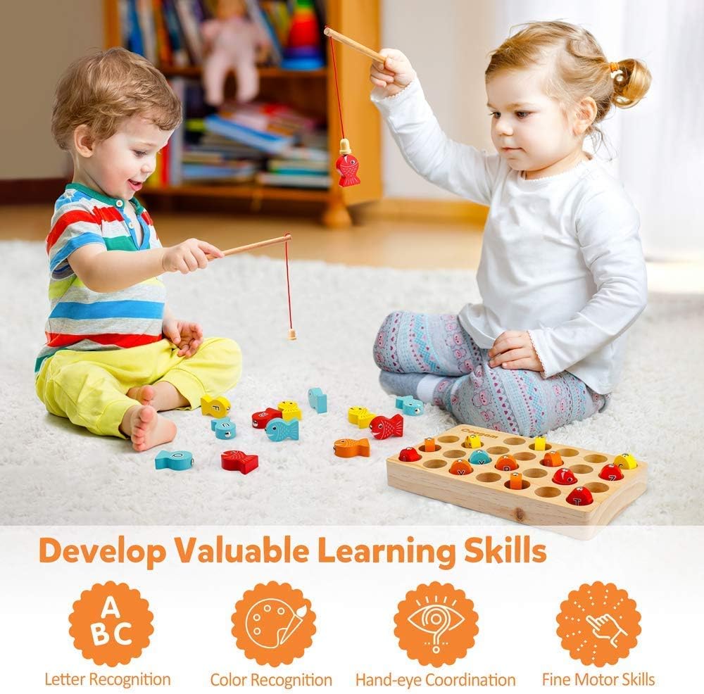 Coogam Wooden Magnetic Fishing Game, Fine Motor Skill Toy ABC Alphabet Color Sorting Puzzle, Montessori Letters Cognition Preschool Gift for Years Old Toddler Kid Early Learning with 2 Pole: Furniture & Decor