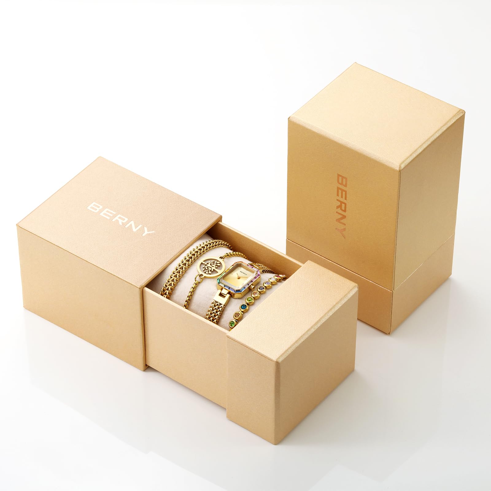 BERNY Silver Watches for Women Dainty Quartz Bracelet Watch Ladies Wrist Watch and Bracelet Set Coloured Stones Accented Fashion Luxury Birthday Gifts for Women