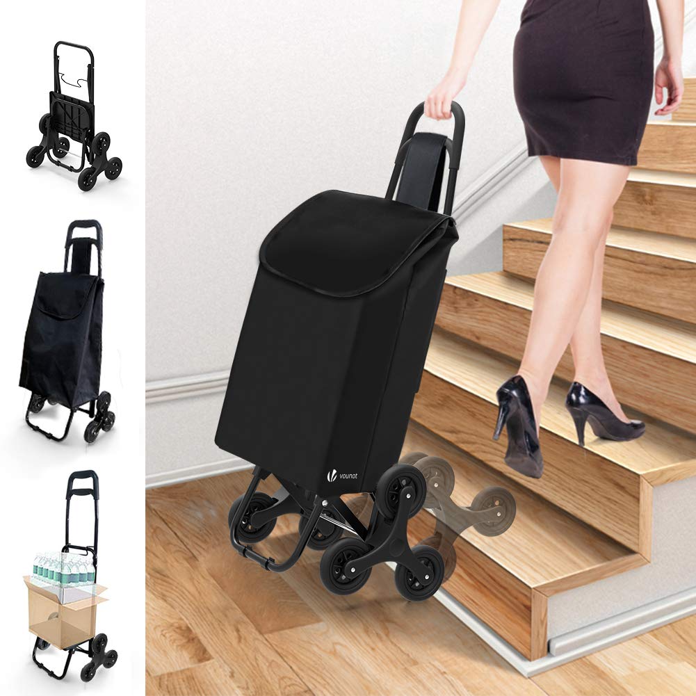 VOUNOT Folding Shopping Trolley on 6 Wheels, Stair Climbing Shopping Cart, Grocery Trolley, Black, 2440975908964