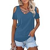 Amoretu Womens Summer Shirts V Neck Criss Cross Cold Shoulder Tops Blouse