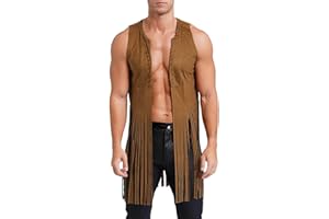 PURFUN Women Men 70s Hippie Fringe Vest Halloween Western Faux Suede Long Tassel Cardigan Jacket Coat Beach Boho Vest Top