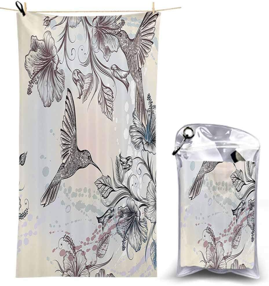 Hummingbirds Decorations, Quick Dry Super Absorbent Lightweight Towels Blanket, Birds and Hibiscus Flowers Nostalgia Antique Artistic Design CLAS, Lightweight Compact Beach Towel for Women,
