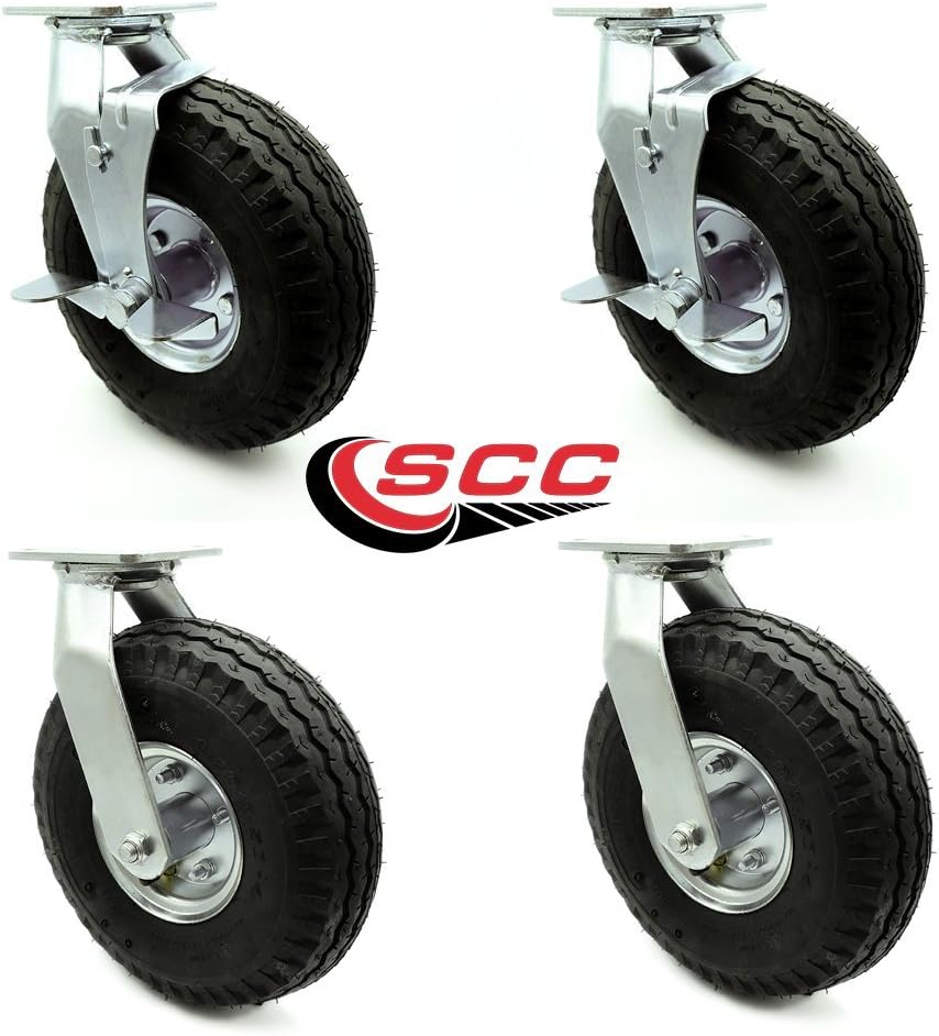 10 Inch Swivel Pneumatic Casters Set of 4 - Black Rubber Wheels - Includes 2 Swivel with Brakes and 2 Swivel - Heavy Duty Casters - 1,400 lbs. Total Capacity - Service Caster Brand