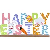 Easter Decorations, MEETYAMOR Wood Metal Happy Easter Sign for Table Decor, Farmhouse Rustic Easter Bunny Decorations for Home, Living Room, Mantel, Shelf