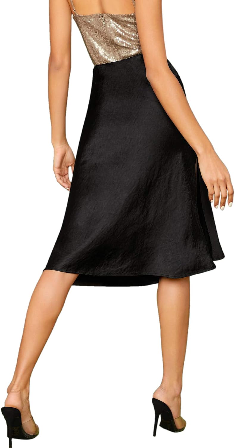 SheIn Women's Party Sexy Satin Split Side Basic Zipper Mid Waist Midi Skirt: Clothing