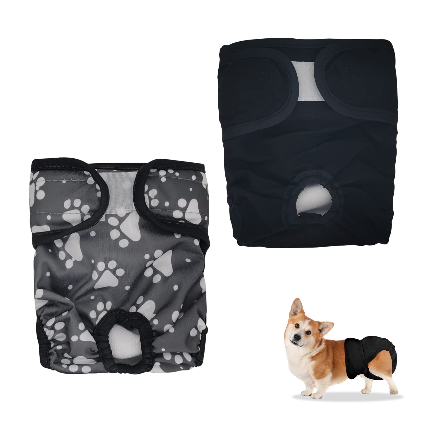 Andiker 2 Pack Reusable Female Dog Nappies, Washable & Adjustable Sanitary Pet Period Diapers for Small Medium Large Dogs (Paw print+Black, Medium)