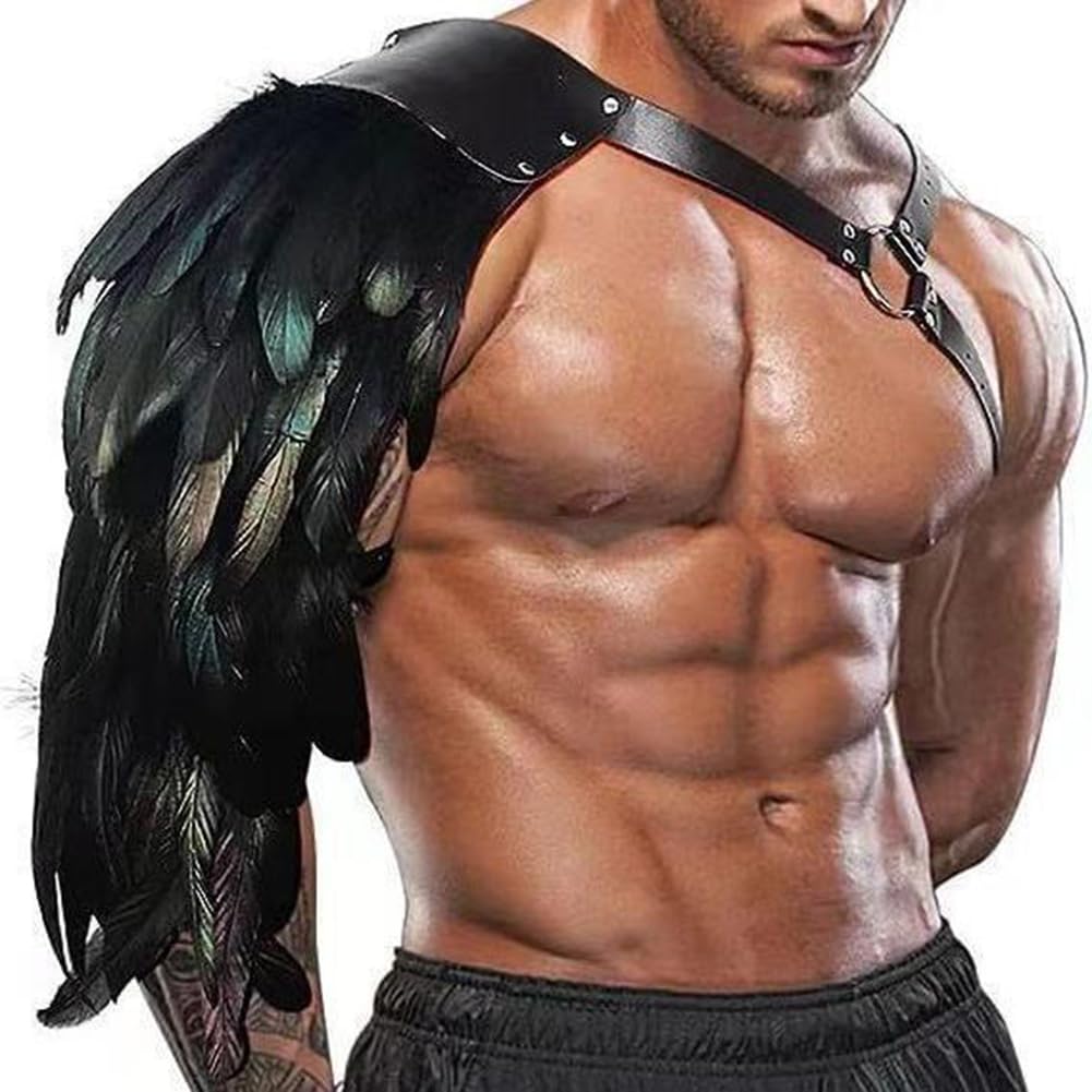 Medieval Gothic Feather Harness Knight Viking Shoulder Armor Retro Feather Shoulder Piece Pads Halloween Single Double Shoulder Guard Leather Feather Cape Shawl Shrug for Women Men LARP Fancy Dress
