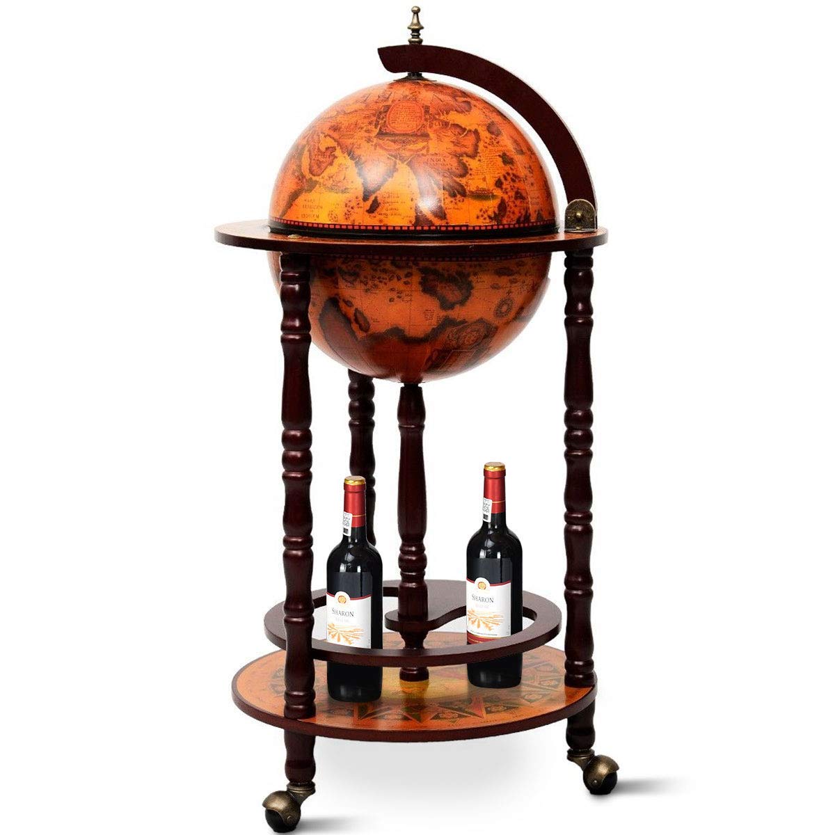 ReunionG Wine Bar Stand 16th Century Italian Wood Globe Rack Liquor Bottle Shelf with Wheels, 17'' (