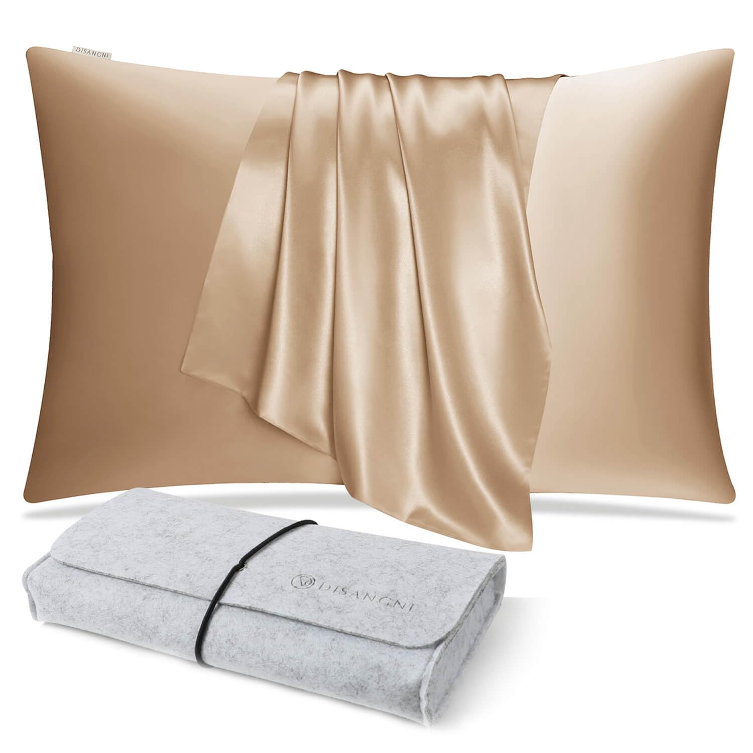 DISANGNI 100% Natural Mulberry Silk Pillow case for Hair and Skin with Hidden Zipper 22 Momme Both Sides Real Silk Pillow Case (1pc 51x66cm, Gold)